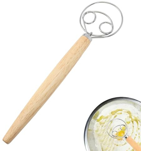 Danish Dough Whisk with Wooden Handle, 13 inch Stainless Steel Dough Whisk Dutch Hook Dutch Whisk Egg Beater Mixer Baking Accessory Tool for Baking Cake, Dessert, Pastry or Pizza