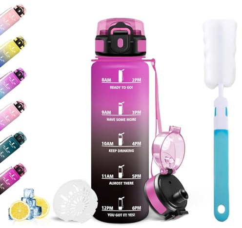 Mulbijeo Gourde 500ml, Sans BPA, Gourde de Sport Étanche avec Repères Horaires, Brosse pour Bouteille, Réutilisable, pour Course, Vélo, Gym, École
