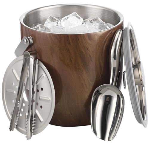 Double-Walled Stainless Steel Ice Bucket with Lid & Accessories - Wood Grain Insulated Container (18cm x 18cm) for Home Bars, Parties & More