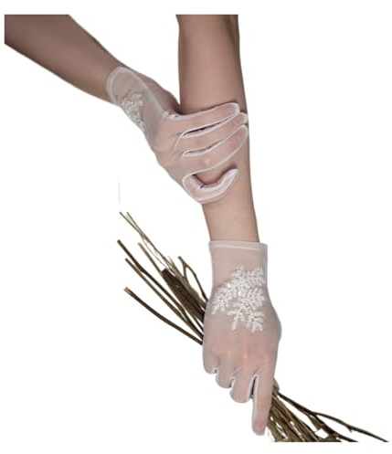 RJGFDSAPO Elastische Netzhandschuhe, Weiße Hochzeits-Brauthandschuhe aus weichem Tüll mit Kristallperlen und Applikation, kurz for Damen Abschlussball