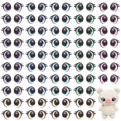 PH PandaHall 48 Paare Filz Augen 6 Farben Kawaii Amigurumi Bastelauge 36mm Plüschtiere Augen Patches Schneeflocke Häkelauge mit Wimpern für Puppe Stofftiere Nähen DIY Basteln Deko Zubehör