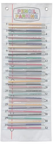 Greensen Tableau de Stationnement pour Crayons, Pochette de Stationnement pour Crayons en Coton et Polyester avec 32 Poches étiquetées, Organiseur de Salle de Classe étanche 69 X 25 Cm pour (69x25cm)