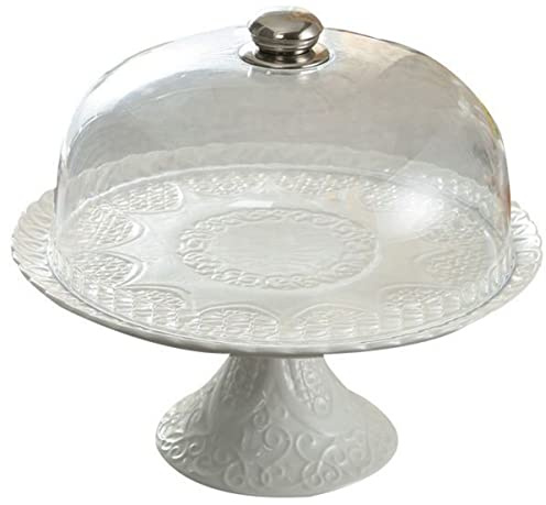 YBKTEX Ceramic Cake Stand with Acrylic Plastic Dome Lid- White