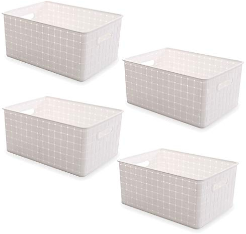 BINO Plastic Basket, Medium - White, 4 Pack, THE STABLE COLLECTION, Multi-Use Storage Basket, Rectangular Cabinet Organizer, Baskets for Organizing with Handles, Home & Office Storage Organizer