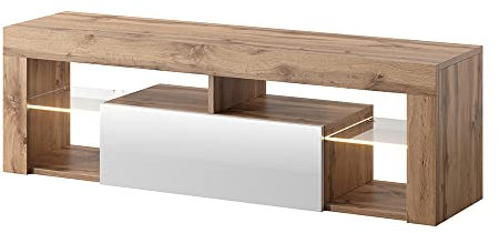 Selsey Bianko - Meuble TV/Banc TV (140 cm, Chene Lancaster/Blanc Brillant, avec LED)