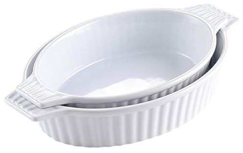 MALACASA Bake Series Oval Oven Dish Set of 2 (32.5cm and 36.8cm) Porcelain Baking Dish with Handles, Ideal for Lasagna, Cakes, Appetizers - White