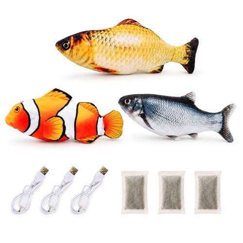 BangShou 3 Stück Elektrisch Spielzeug Fisch USB Elektrische Plüsch Fisch Kicker Katzenspielzeug mit Katzenminze Spielzeug für Katze und Kinder