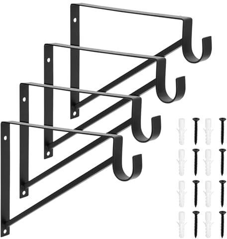 Okuna Outpost Shelving Brackets with Rod Holder for Closet Shelves - 4 Pack, Black Metal, 12.5 x 1 x 9.5 in - Clothes Bar Bracket & Rod Support for Closet Storage