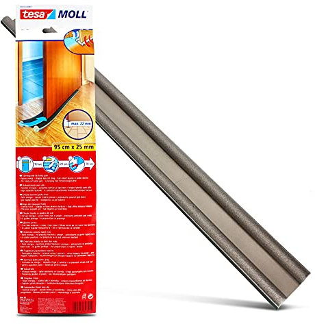 tesa MOLL® Zugluftstopper Für Türen Grau Türdichtung Unten 95 cm x 25 mm | Schaumstoff Türbodendichtung Für Glatte Böden zum Schutz vor Zugluft & Lärm - Mit Schalldämmung | tesamoll® Windstopper