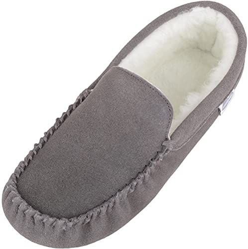 SNUGRUGS Mens Ronnie Suede Moccasin Slippers with Wool and Suede Sole - Grey - UK 10