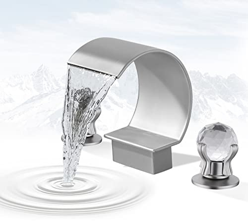 BANGPU Bathroom Sink Faucet 3 Hole Widespread Waterfall Bathroom Faucets with Crystals Handles Basin Mixer Tap 8-Inch High Arc Vanity Faucet with Supply Hose, Brushed Nickel
