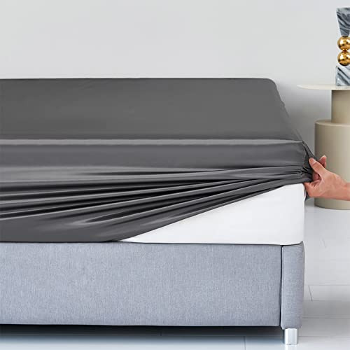 HAIBA Seide Bettlaken 200x220cm Satin Spannbettlaken Deluxe All-Inclusive rutschfeste Tagesdecke, Dunkelgrau, Tiefe Taschen passen übergroße Matratzen mit Einer Tiefe von bis zu 35cm