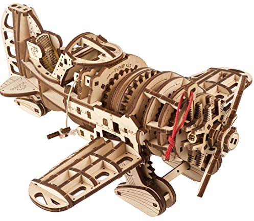 UGEARS Mächtiges Holzbausatz Flugzeug Modell - Flugzeug Verrückte Hornisse - 1930er Rennen Modellbausatz Flugzeug 3D Puzzle - 3D Holzpuzzle Erwachsene - DIY Retro Airplane mit Schraubenfedermotor