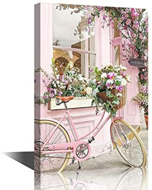 Bicycle and Flower Wall Art Canvas Painting Pictures Wall Decor Canvas Art Lake Blue Modern Artwork Contemporary Wall Decor for Home Office Decorations Framed Ready to Hang 8 x 12