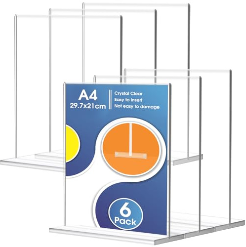 Flow fire A4 Acrylic Sign Holder, 6 Pack Clear Table Perspex Display Stand, T-Shape Plastic Vertical Menu Sign Holder for Poster Office Store Restaurant