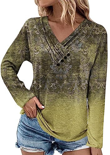 Womens Tops Shirts Long Sleeve Button Vneck Ruched Vintage Printed Striped Floral Polka Dot Trendy Elegant Tops Casual Slim Fit Blouse Elastic Warm Soft Cozy Going Out Autumn Tee Shirt Yellow 2XL