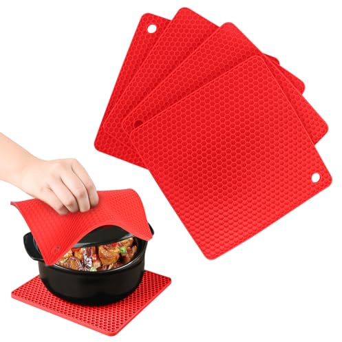 Minicoco 4PCS Silicone Trivet Mat Non-Slip Silicone Table Mat Honeycomb Hot Pads Multi-Purpose Heat Resistant Table Place Mats for Hot Pots and Pans, Kitchen Cooking Dining Microwave,Square,Red