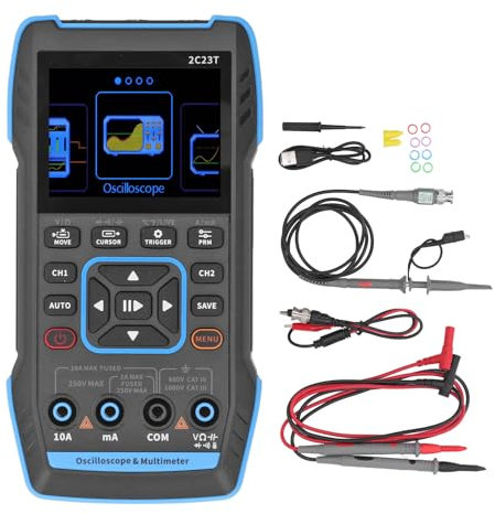 BuyWeek Générateur De Signal Multimètre Oscilloscope, Oscilloscope Double Canal 3 En 1 Oscilloscope à Affichage Numérique LCD HD 2,8 Pouces Avec Sonde 10X
