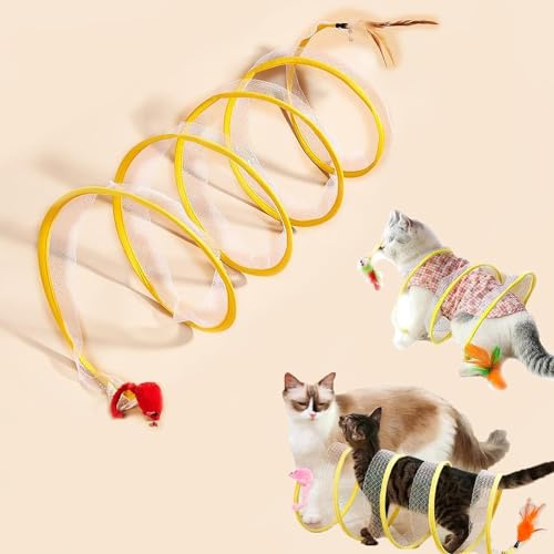 Selbstspiel Katze Jagd Spiraltunnel Spielzeug, Spiral Katzentunnel Spielzeug, S-Typ Katzentunnel Spielzeug, Gefalteter Katzentunnel, Katzentunnel für Indoor-Katzen mit Spielzeug Federmaus (gemischte