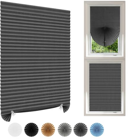 Temporary Blinds Stick On Cut to Size Non-woven Fabric No Drill Self Adhesive Pleated Paper Window Shades for Bedroom Kitchen Bathroom Windows Patio French Doors (1, Dark Grey/Silver, 120W x 180H cm)