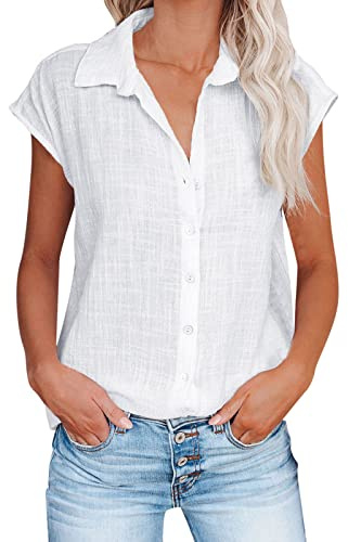 Générique Chemise Lin Femme Éte Chemisier Coton et Lin pour Femmes Col V avec Boutons Décontractés Tops Lâche Respirant T-Shirts sans Manches Grandes Tailles Tunique Blouse Pas Cher (01 Blanc, M)