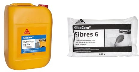 SIKA Hydrofuge de Masse Liquide, Blanc, 20 L & Fibre Synthétique pour Enduits et Mortiers, Blanc, 600 g