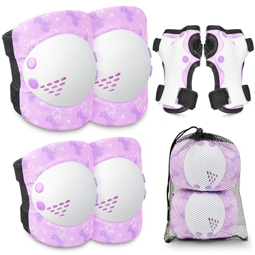 AuSletie Knee Pads for Kids Girls Protective Gear Set Adjustable Knee Pads and Elbow Pads Set with Wrist Guard for Girls Kids Toddler Roller Skates Bike Cycling Skateboard Scooter (Purple Unicorn)