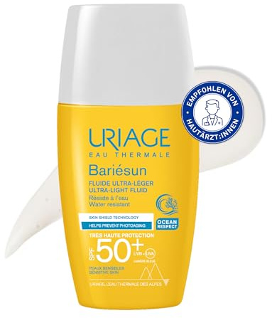 Uriage Bariesun Ultraleichtes Fluid LSF50+ mit Vitamin E - hoher Schutz vor UVA/UVB-Strahlung & blauem Licht - Taschenformat - nicht Komedogen - wasserfest - Parfümfrei - für empfindliche Haut - 30ml