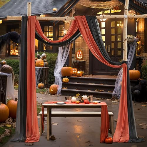 Highdi Halloween Wedding Arch Draping Fabric 2 Panels, Chiffon Wedding Arch Drapes Voile Wedding Arch Backdrop Sheer Drapery for Ceremony Reception Ceiling Decorations (Black orange,75 * 600cm)