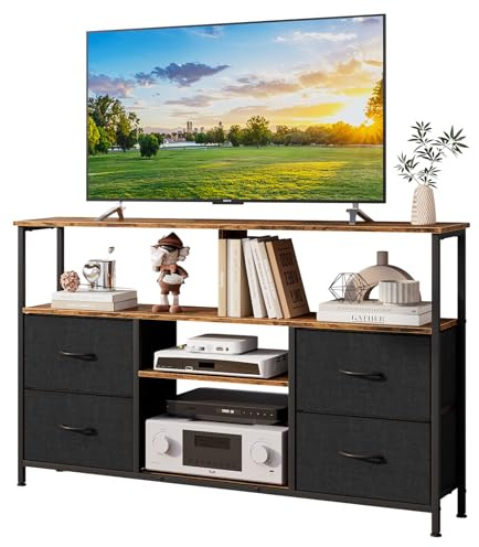 Taotigzu Meuble TV 120 cm de Long,Table Télé avec Étagères Réglables,Meuble Télé de Salon avec Tiroirs en Tissu,Cadre en Métal, Marron Rustique et Noir (Brune)
