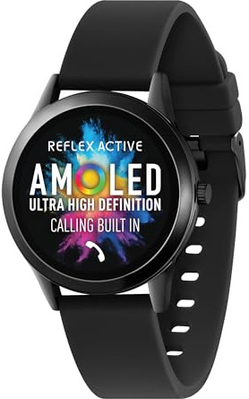 Reflex Active Series 31 Amoled Smart Calling Watch för kvinnor och män med Bluetooth, 3,5 cm, fitnessmätare, blodsyre, pulsmätning och svart silikonrem kompatibel med Android IOS