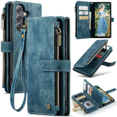 UEEBAI Hülle für Samsung Galaxy S24 FE 5G, Premium PU Lederhülle, Blau | Retro Reißverschluss Hülle Weiche Klapphülle Magnetverschluss Kartenfach Standfunktion Geldbörse mit Trageband Schutzhülle