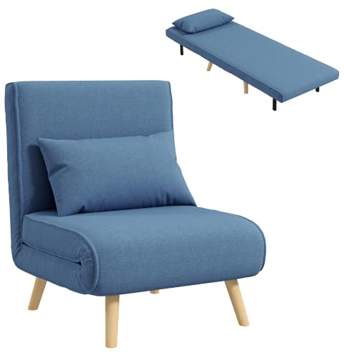 HOMCOM 3 in 1 poltrona trasformabile 1 posto, poltrona letto e chaise longue - schienale reclinabile a 5 livelli e cuscino incluso, seduta imbottita - per ufficio, soggiorno, camera da letto, blu