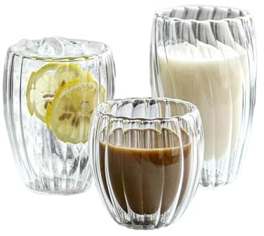 MJINA Taza de Vidrio con Rayas Verticales, Taza de café de Doble Pared, Taza de té Resistente al Calor, Vaso de Agua Transparente, Vaso de Vino, vajilla(350ml,6pcs)