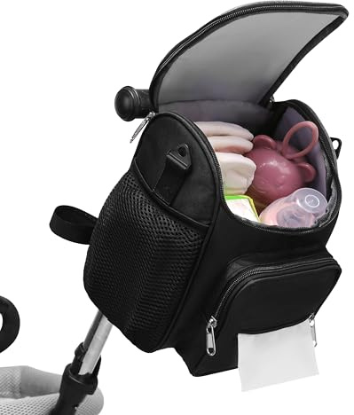 GoaePode Universal Baby Pram Organiser - Baby Pushchair Bag with 2 Cup Holders, Tissue Pocket, Daul-Zipper Large Capacity Hanging Holder with Detachable Shoulder Strap for Baby Essentials, Black