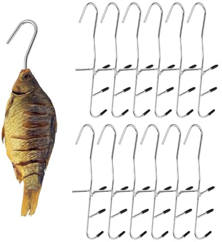 PORFOYO 12 Stück Räucherhaken, Räucher-Haken Edelstahl, Doppelspitz Fishing, Stainless Räucherhaken Fisch Für Raucher Grill Fleischerhaken Fischhaken, Fleischerhaken(25cm)