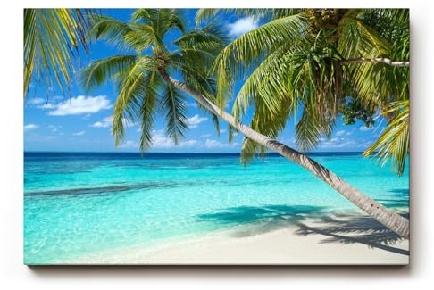 Sinus Art Wandbild 120x80cm Tropischer Strand mit weißen Sand und schattenspendenden Palmen als Urlaubsidyll