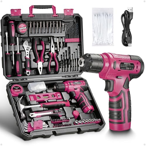 Juego de herramientas de 233 piezas con taladro atornillador a batería, caja de herramientas completa para bricolaje en casa con destornilladores, alicates, martillo, brocas y accesorios (Rosa)