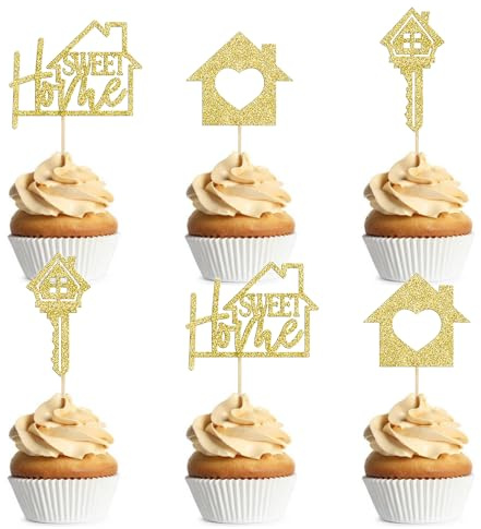 24PCS Sweet Home Cupcake Toppers Glitter Key Housewarming Cake Topper Decoration for Welcome New Home Theme Party Housewarming Party Supplies