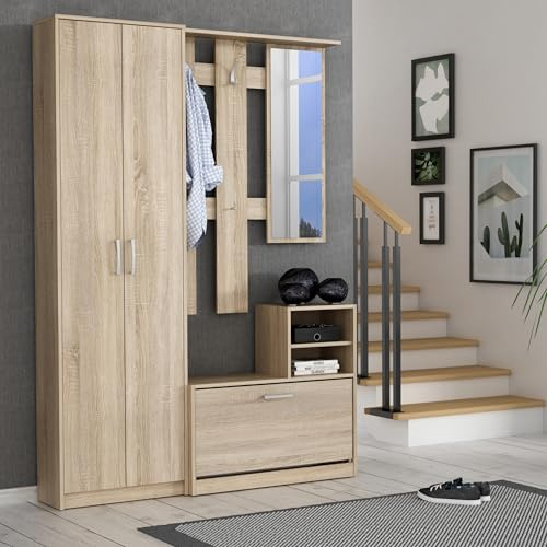 Forte NIKO Garderobenschrank 130 140, Skandi-Mehrzweckschrank, 2-türig, 1 Schublade, Spiegel, Haken, Flur, Sonoma Eiche Holzdekor, 135 cm breit x 190,8 cm hoch x 28 cm tief