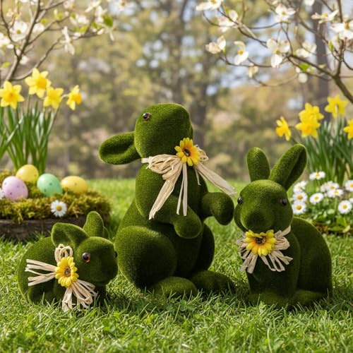 Lanpn Set di 3 Conigli Pasquali Floccati Verde Muschio Multi-Posa, Statuette di Coniglio per Decorazioni da Tavolo Mensole e Casa – Decorazioni Primaverili