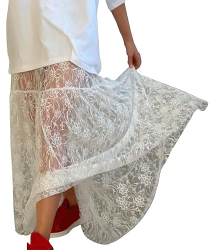 Generisch Falda larga de encaje jacquard de cintura alta para mujer, elegante y holgada, Blanco, L