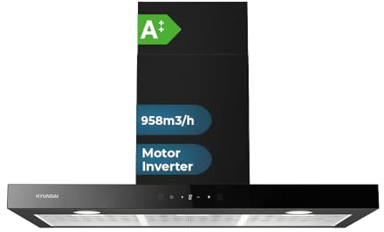 Hyundai Campana Extractora T 90cm, Cristal Negro, HCTT90DCB00. Potencia 958m3/h, 3 Velocidades, 2 Filtros, 68 dB Nivel Sonoro, Control Táctil, Filtros aptos para Lavavajillas