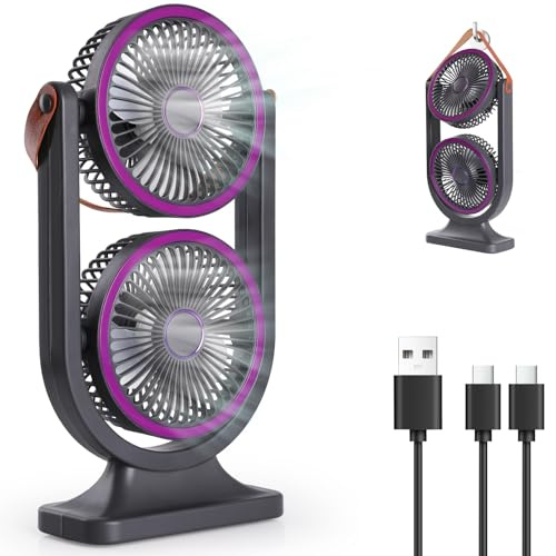 Simpeak Portable Dual Head Fan with LED Light, 2400mAh Battery Operated Quiet Desk Fans, 5 Speeds & 360° Rotation Personal USB Desk Ventilator for Camping, Tent, Travel or Office