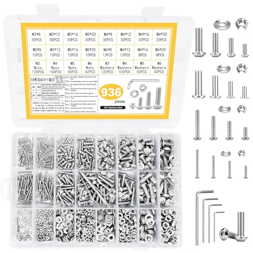 936 piezas Juego de tornillos M3 M4 M5 M6, juego de tornillos de cabeza redonda con llave interna hexagonal, juego de pernos y tuercas de acero inoxidable con llave interna hexagonal, juego de