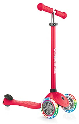 Globber Primo Lights – Tretroller Kinder, 120/80 mm, ABEC 5, 3-rädrig, höhenverstellbar, LED-Leuchtrollen, rot