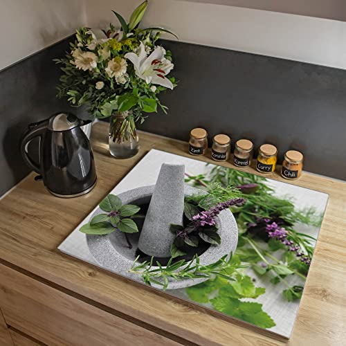 banjado Ceranfeld Abdeckung mit Essen und Küche Design appetitlich aus Glas, einteilige Herdabdeckplatte 60x52 cm, Schneidebrett Glas und Spritzschutz Küche, rutschfest, mit Motiv Kräuter