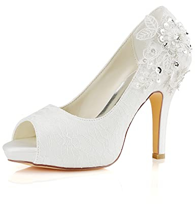 Emily Bridal 521-31-4 Women's Wedding Shoes Peep Toe 3.94 Inches Stiletto Heel Lace Satin Pumps with Rhinestone Imitation Pearl Sequin Lace Flower Bridal Shoes (EU40/9 B(M) US, Ivory)