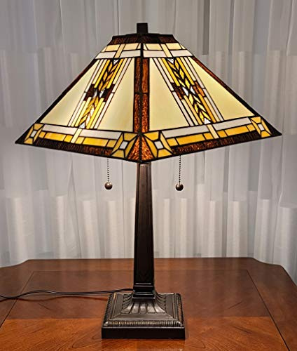 Tiffany Style Table Lamp Banker Mission 23 Tall Stained Glass White Tan Brown Yellow Antique Vintage Tribal Light Decor Bedside Living Room Bedroom Handmade Gift AM099TL14B Amora Lighting