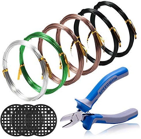 SPEEDWOX Bonsai-Draht, 1 mm, 6 Rollen, insgesamt 196,8 m Aluminiumdraht, CR-V, Bonsai-Drahtschneider, 3 Stück, rund, Blumentopf-Loch, Netz-Pad, Baum-Traning-Set, Bonsai-Draht-Set, Bonsai-Werkzeuge